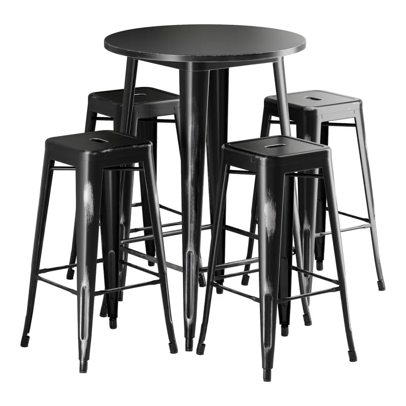 Authentic Lancaster Table & Seating Alloy 30" Round Distressed Onyx Black Bar Height Outdoor Table with 4 Backless Barstools