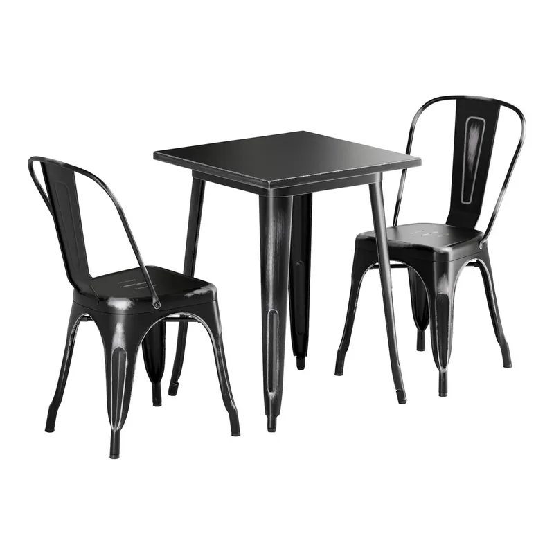 Clearance Lancaster Table & Seating Alloy 23 1/2" x 23 1/2" Distressed Onyx Black Standard Height Outdoor Table with 2 Cafe Chairs