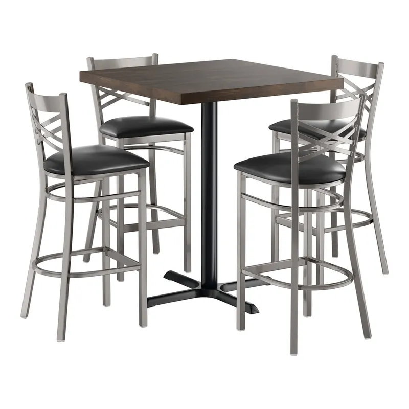 Lancaster Table & Seating 36" x 36" Butcher Block Bar Height Table with Espresso Finish and 4 Steel Cross Back Black Vinyl Chairs Trending