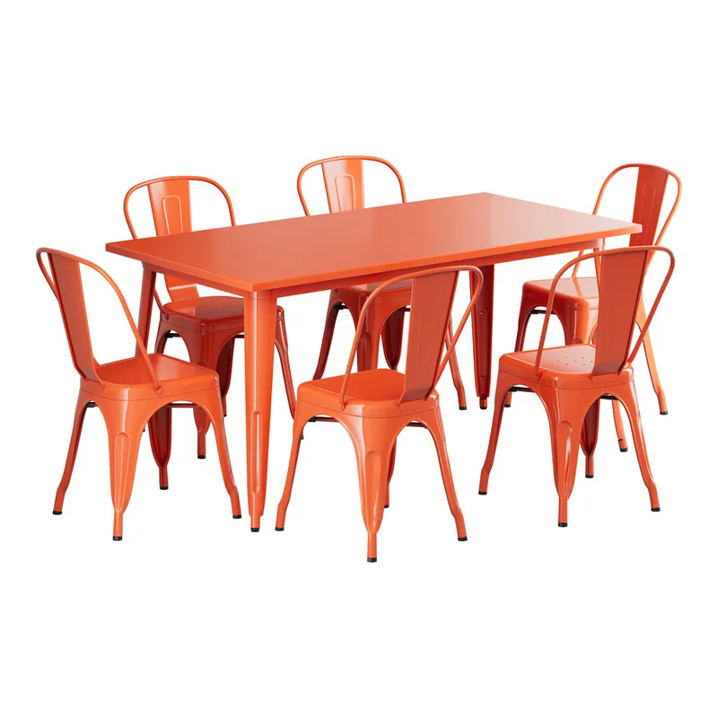 Save Now Lancaster Table & Seating Alloy 63" x 31 1/2" Amber Orange Standard Height Outdoor Table with 6 Cafe Chairs