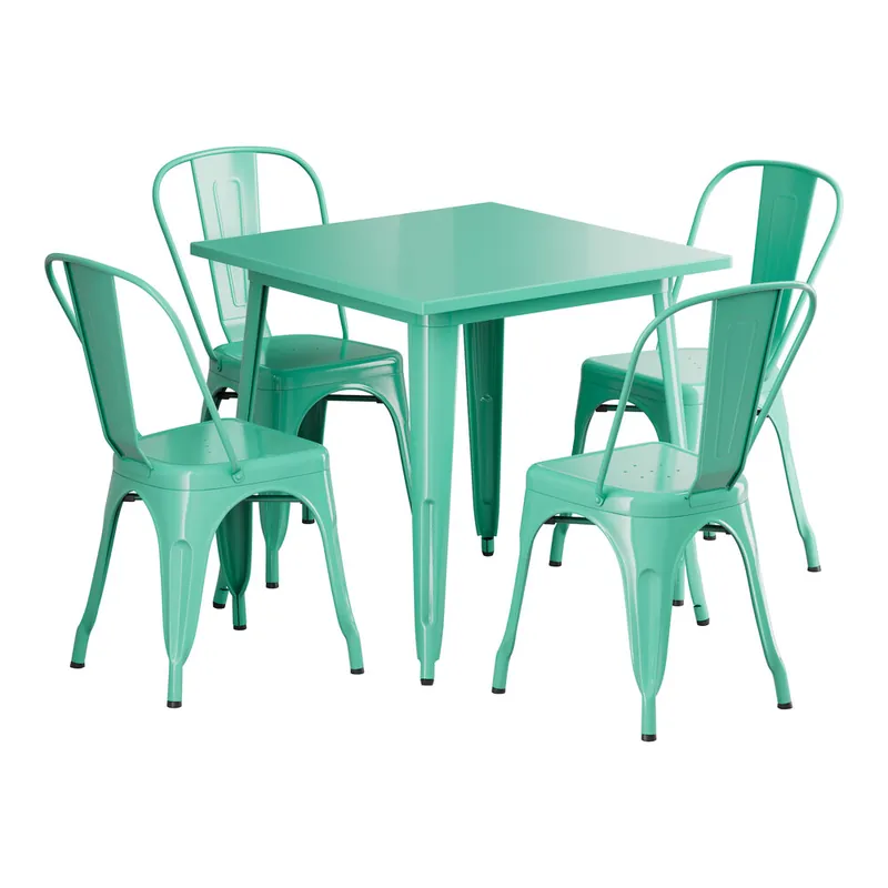 Bulk Order Lancaster Table & Seating Alloy 31 1/2" x 31 1/2" Aquamarine Standard Height Outdoor Table with 4 Cafe Chairs