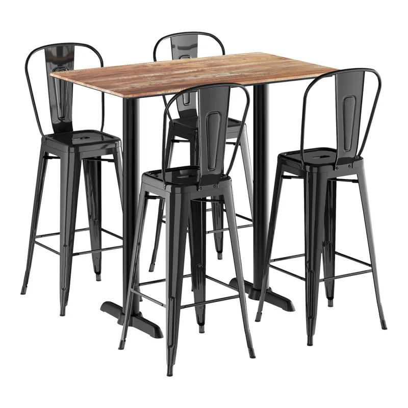 Crafted Lancaster Table & Seating Excalibur 27 1/2" x 47 3/16" Rectangular Textured Yukon Oak Bar Height Table with 4 Alloy Onyx Black Outdoor Cafe Barstools