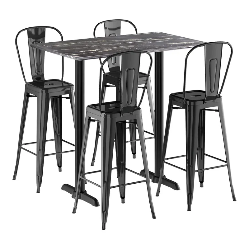 Limited Edition Lancaster Table & Seating Excalibur 27 1/2" x 47 3/16" Rectangular Smooth Letizia Bar Height Table with 4 Alloy Onyx Black Outdoor Cafe Barstools