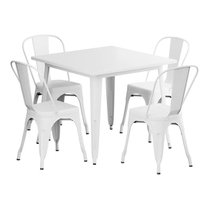Viral Lancaster Table & Seating Alloy 35 1/2" x 35 1/2" Pearl White Standard Height Outdoor Table with 4 Cafe Chairs