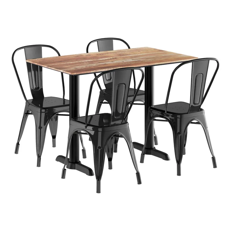 Bulk Order Lancaster Table & Seating Excalibur 27 1/2" x 47 3/16" Rectangular Textured Yukon Oak Standard Height Table with 4 Alloy Onyx Black Outdoor Cafe Chairs