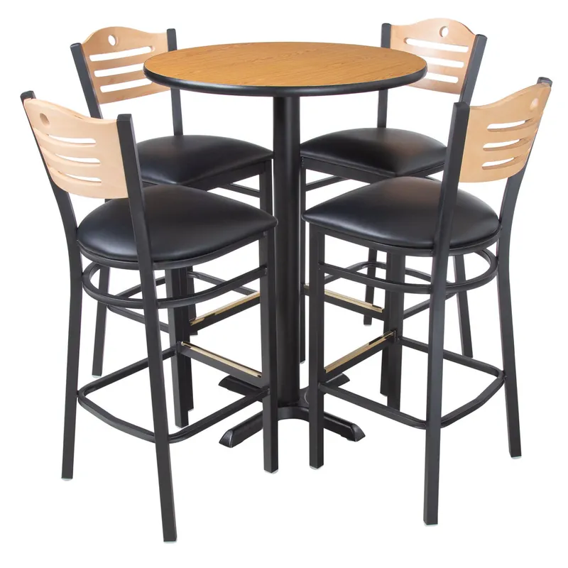 Lancaster Table & Seating 30" Round Reversible Walnut / Oak Bar Height Dining Set with Natural Chair and Padded Seat Discount
