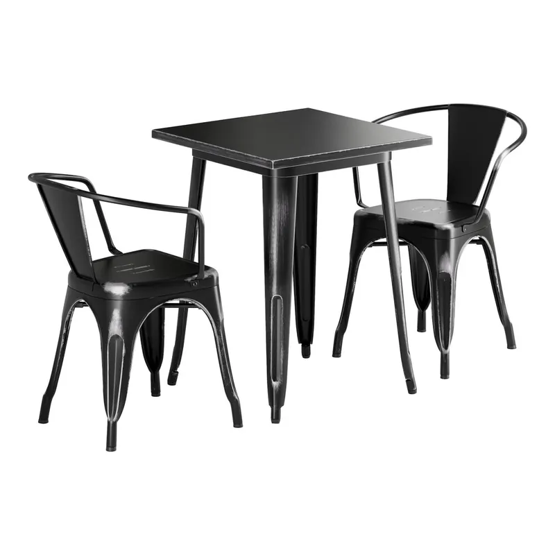 Lancaster Table & Seating Alloy 23 1/2" x 23 1/2" Distressed Onyx Black Standard Height Outdoor Table with 2 Arm Chairs Don’t Miss Out