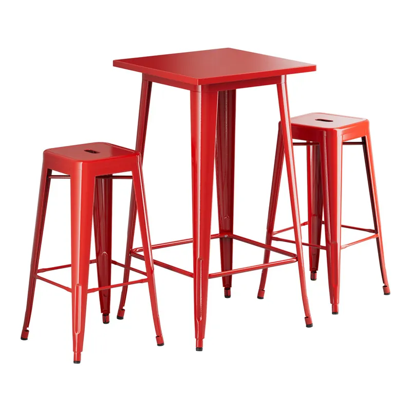Holiday Sale Lancaster Table & Seating Alloy 23 1/2" x 23 1/2" Ruby Red Bar Height Outdoor Table with 2 Backless Barstools