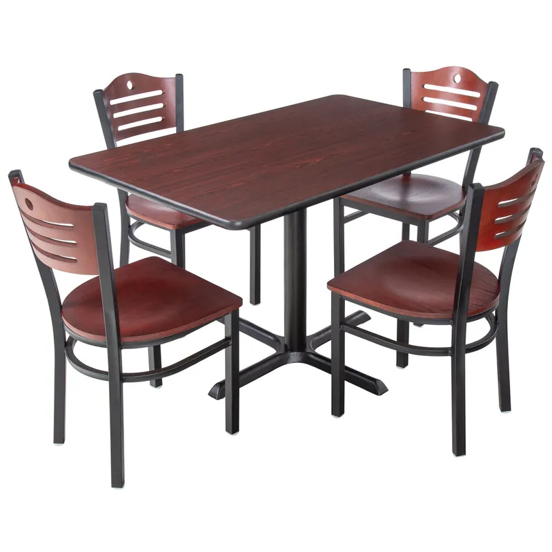 Lancaster Table & Seating 30" x 48" Reversible Cherry / Black Standard Height Dining Set with Mahogany Chair and Wood Seat Affordable
