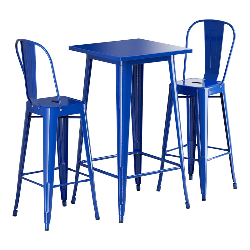 Bulk Order Lancaster Table & Seating Alloy 23 1/2" x 23 1/2" Blue Quartz Bar Height Outdoor Table with 2 Cafe Barstools