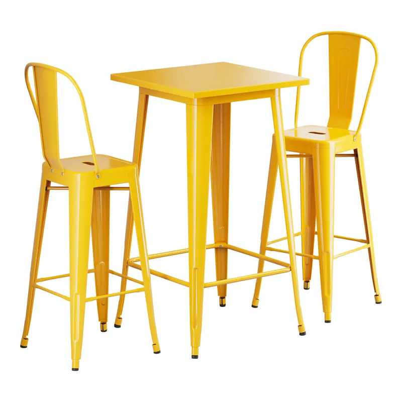 Lancaster Table & Seating Alloy 23 1/2" x 23 1/2" Citrine Yellow Bar Height Outdoor Table with 2 Cafe Barstools Special Discount