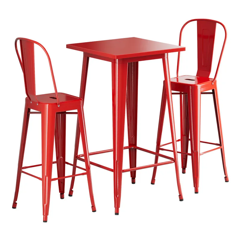 Lancaster Table & Seating Alloy 23 1/2" x 23 1/2" Ruby Red Bar Height Outdoor Table with 2 Cafe Barstools Hassle-Free Returns