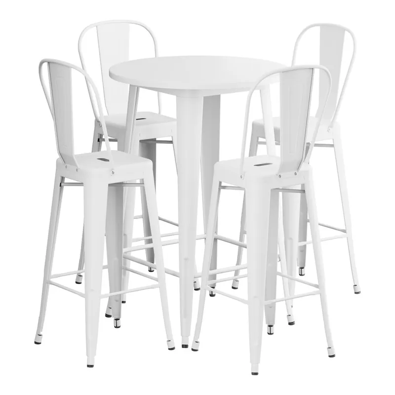 Lancaster Table & Seating Alloy 30" Round Pearl White Bar Height Outdoor Table with 4 Cafe Barstools Next Day Delivery