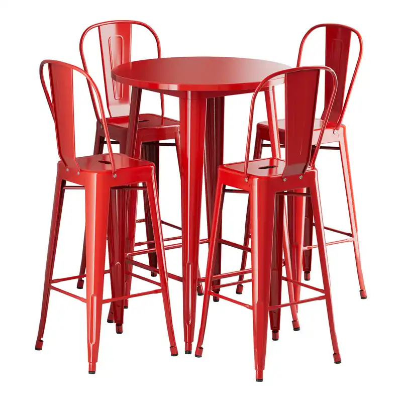 Lancaster Table & Seating Alloy 30" Round Ruby Red Bar Height Outdoor Table with 4 Cafe Barstools Weekend Sale