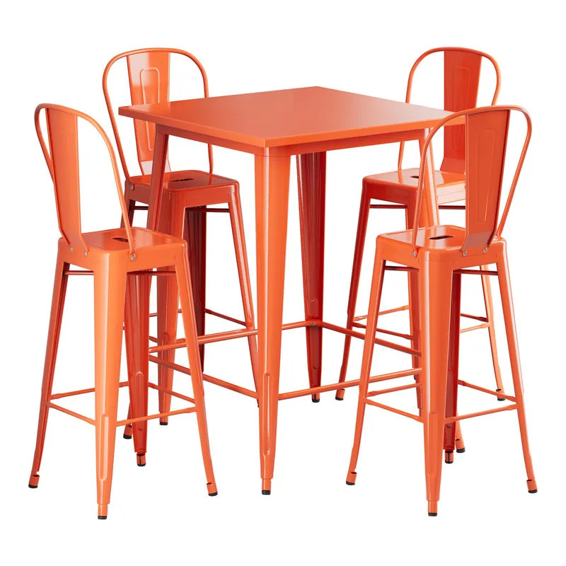 Special Offer Lancaster Table & Seating Alloy 31 1/2" x 31 1/2" Amber Orange Bar Height Outdoor Table with 4 Cafe Barstools