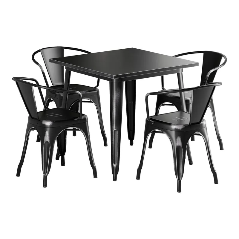 Lancaster Table & Seating Alloy 31 1/2" x 31 1/2" Distressed Onyx Black Standard Height Outdoor Table with 4 Arm Chairs Express Delivery