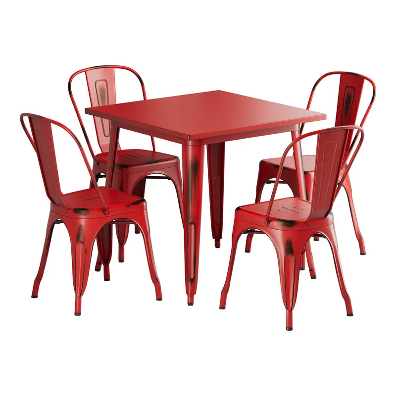 Shop Now Lancaster Table & Seating Alloy 31 1/2" x 31 1/2" Distressed Ruby Red Standard Height Outdoor Table with 4 Cafe Chairs
