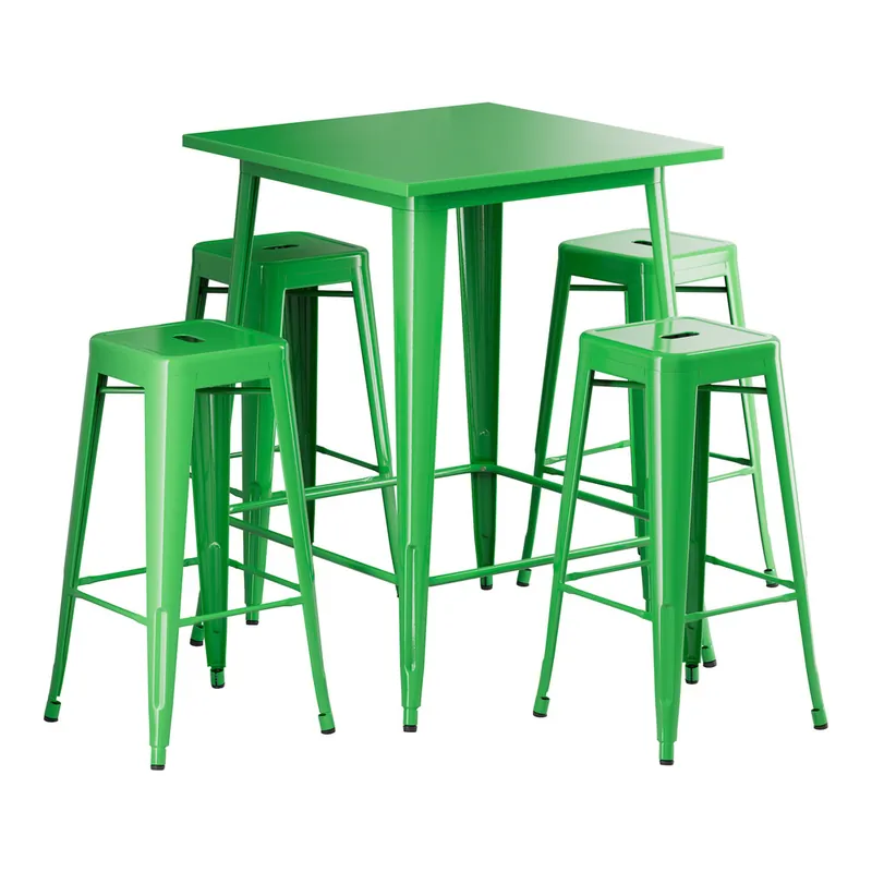 Lancaster Table & Seating Alloy 31 1/2" x 31 1/2" Jade Green Bar Height Outdoor Table with 4 Backless Barstools Fan Favorite