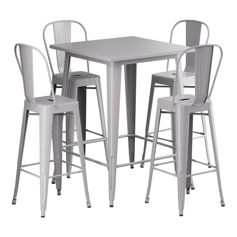 Popular Lancaster Table & Seating Alloy 31 1/2" x 31 1/2" Nickel Gray Bar Height Outdoor Table with 4 Cafe Barstools