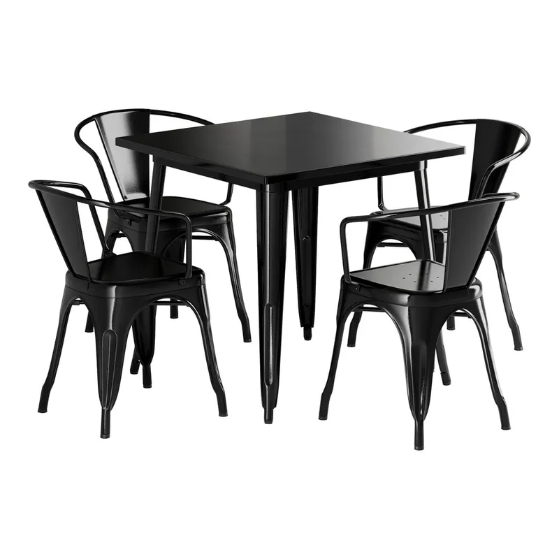 Lancaster Table & Seating Alloy 31 1/2" x 31 1/2" Onyx Black Standard Height Outdoor Table with 4 Arm Chairs Low Price