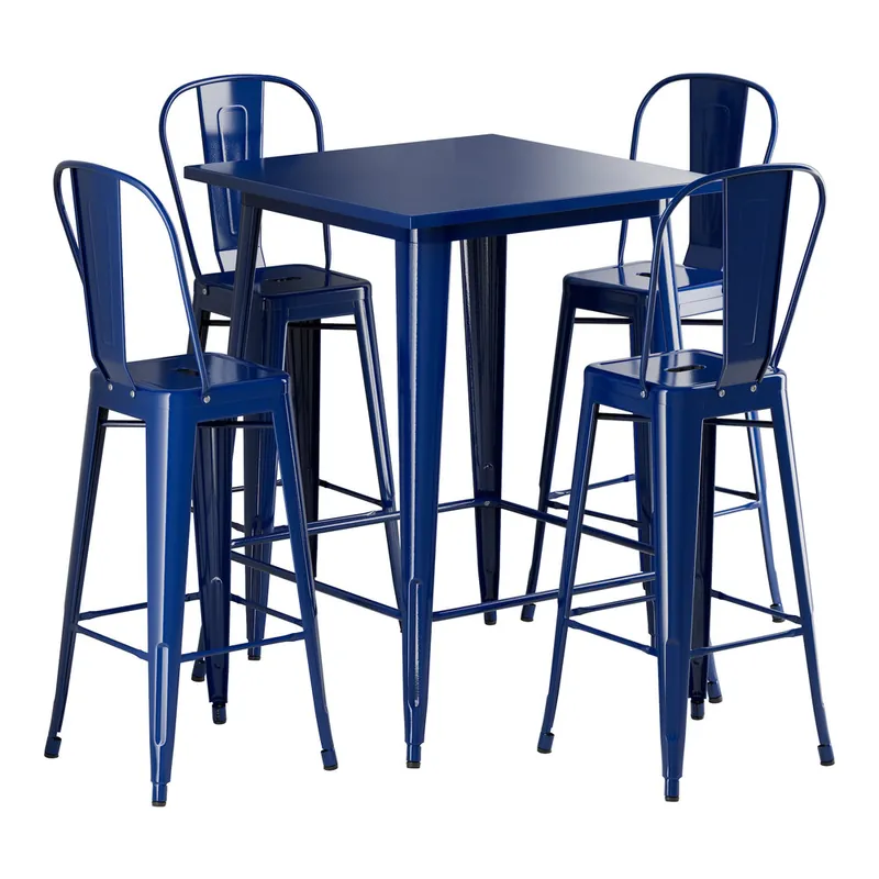 Lancaster Table & Seating Alloy 31 1/2" x 31 1/2" Sapphire Bar Height Outdoor Table with 4 Cafe Barstools While Supplies Last