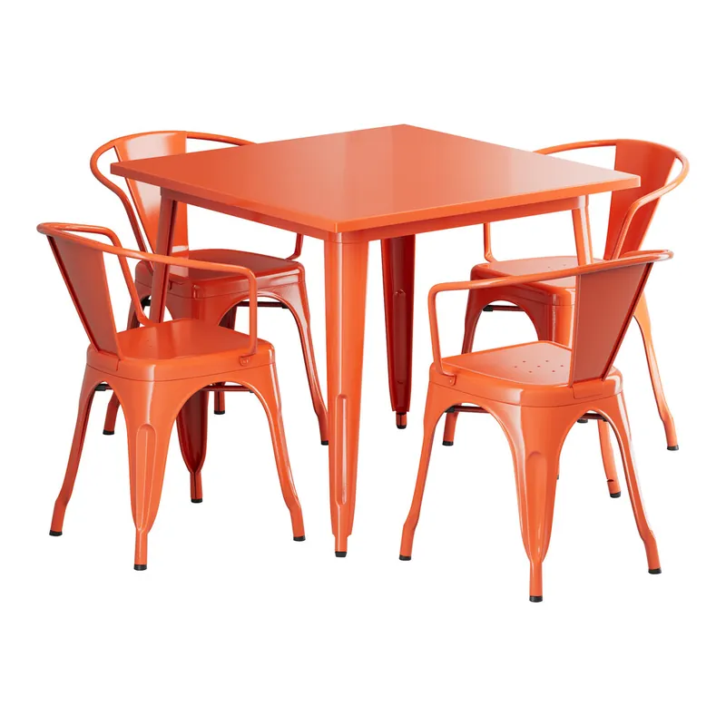 Free Shipping Lancaster Table & Seating Alloy 35 1/2" x 35 1/2" Amber Orange Standard Height Outdoor Table with 4 Arm Chairs