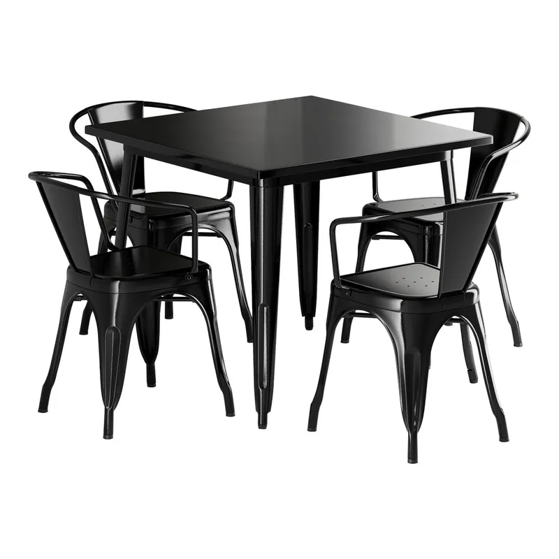 Lancaster Table & Seating Alloy 35 1/2" x 35 1/2" Onyx Black Standard Height Outdoor Table with 4 Arm Chairs Today Only