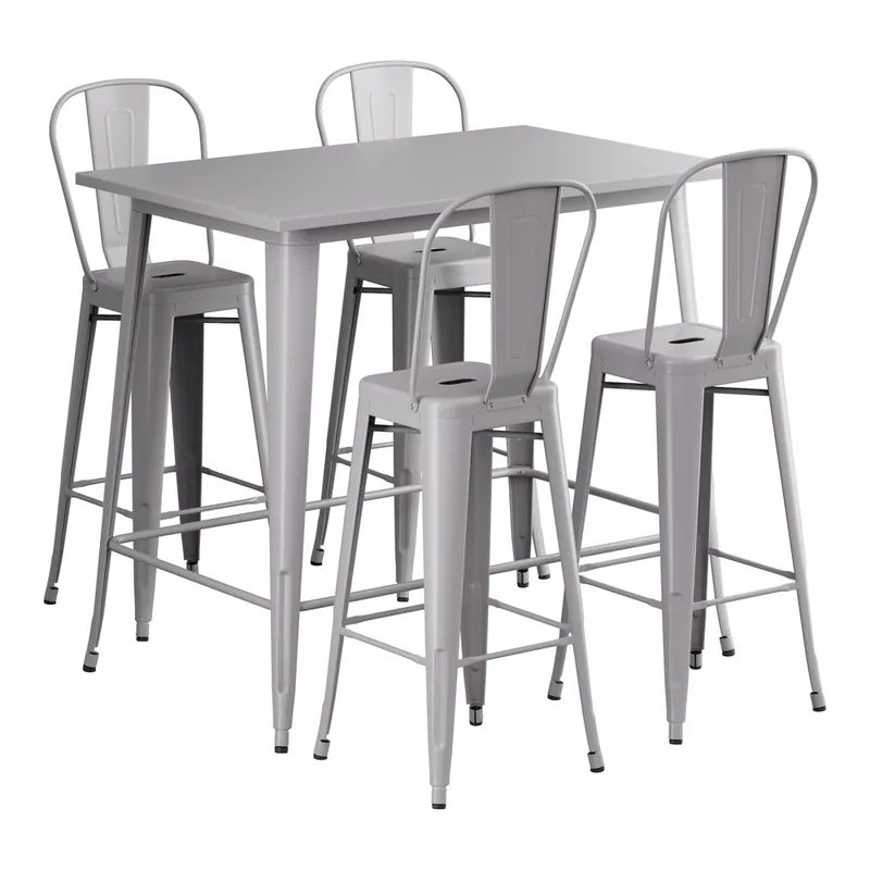 Lancaster Table & Seating Alloy 48" x 30" Nickel Gray Bar Height Outdoor Table with 4 Cafe Barstools Fast Shipping