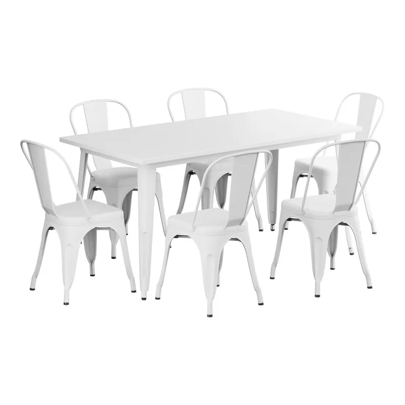 Lancaster Table & Seating Alloy 63" x 31 1/2" Pearl White Standard Height Outdoor Table with 6 Cafe Chairs Top Pick