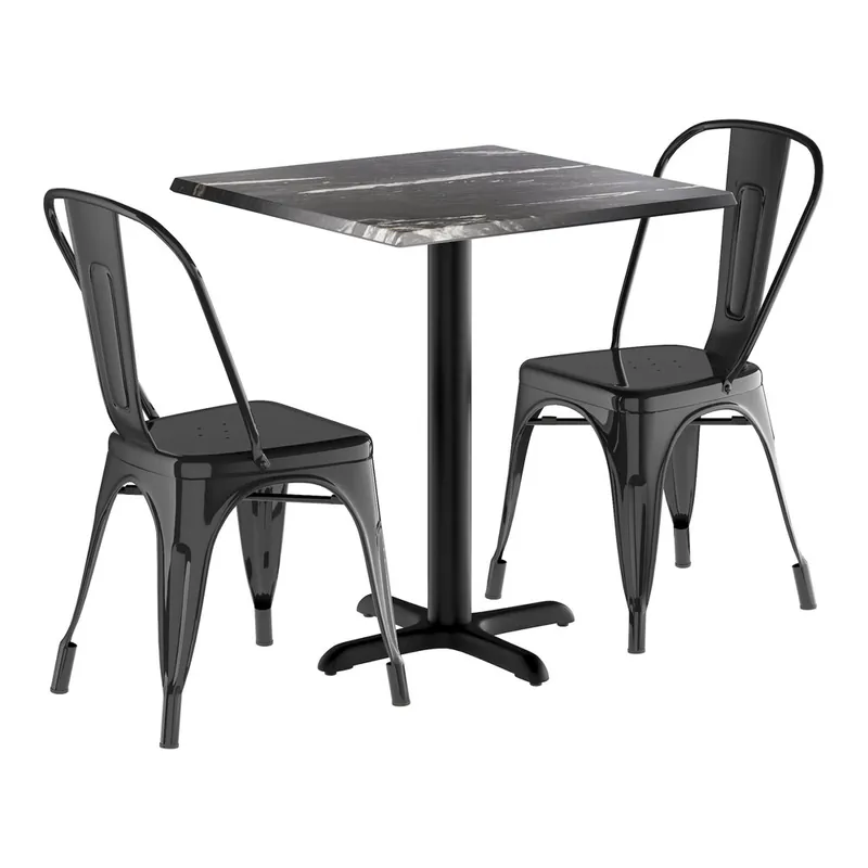 Lancaster Table & Seating Excalibur 27 1/2" x 27 1/2" Square Smooth Letizia Standard Height Table with 2 Alloy Onyx Black Outdoor Cafe Chairs Fresh Stock