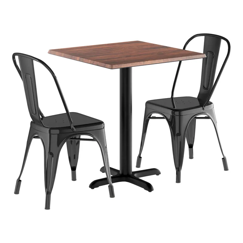 Original Lancaster Table & Seating Excalibur 27 1/2" x 27 1/2" Square Textured Walnut Standard Height Table with 2 Alloy Onyx Black Outdoor Cafe Chairs