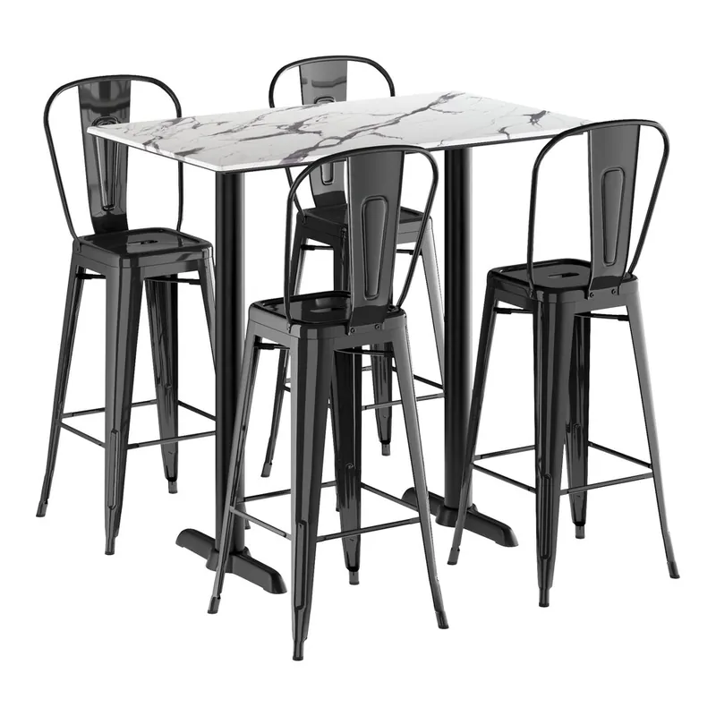 Warranty Included Lancaster Table & Seating Excalibur 27 1/2" x 47 3/16" Rectangular Smooth Versilla Bar Height Table with 4 Alloy Onyx Black Outdoor Cafe Barstools