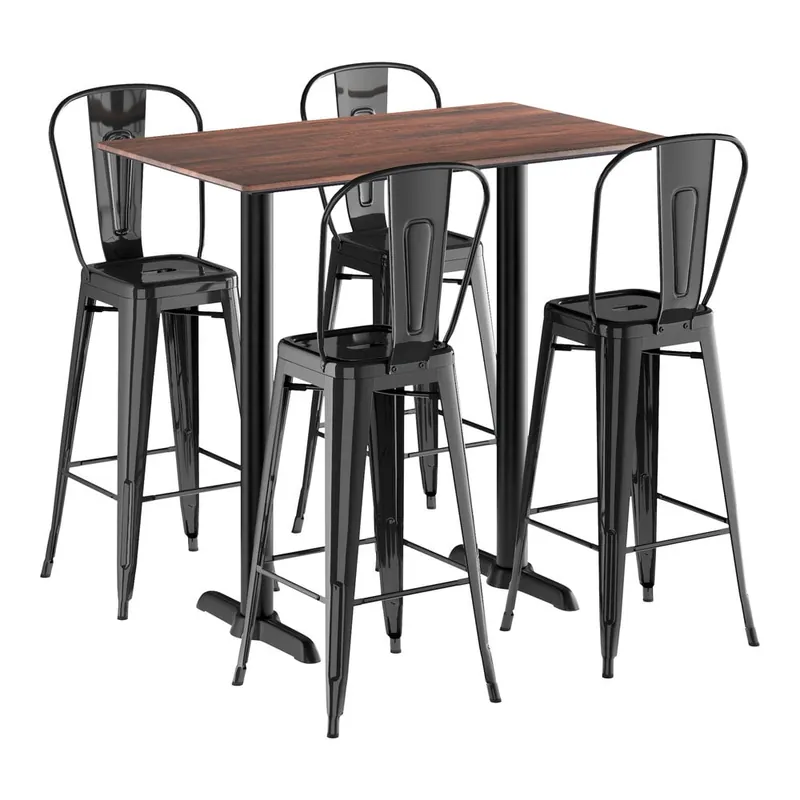 Lancaster Table & Seating Excalibur 27 1/2" x 47 3/16" Rectangular Textured Walnut Bar Height Table with 4 Alloy Onyx Black Outdoor Cafe Barstools Modern