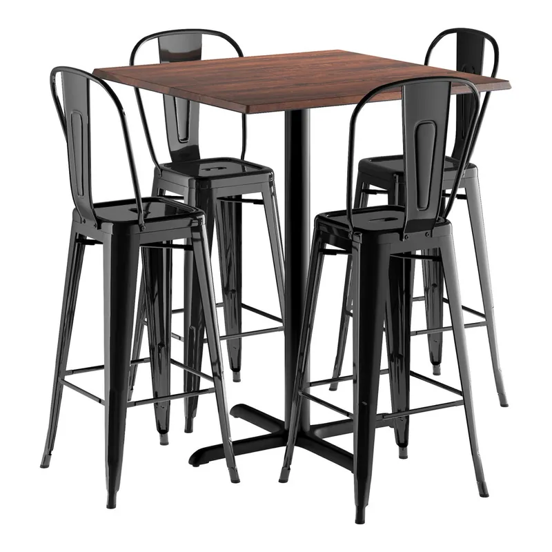 Limited Time Lancaster Table & Seating Excalibur 36" x 36" Square Textured Walnut Bar Height Table with 4 Alloy Onyx Black Outdoor Cafe Barstools