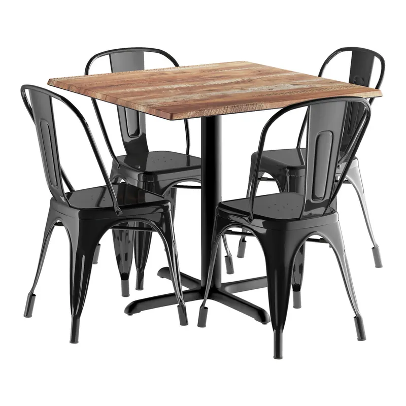 Luxury Lancaster Table & Seating Excalibur 36" x 36" Square Textured Yukon Oak Standard Height Table with 4 Alloy Onyx Black Outdoor Cafe Chairs