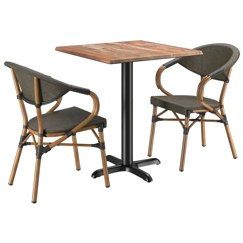 In Demand Lancaster Table & Seating Excalibur Bistro 27 1/2" Square Yukon Oak Standard Height Table with 2 Brown Arm Chairs