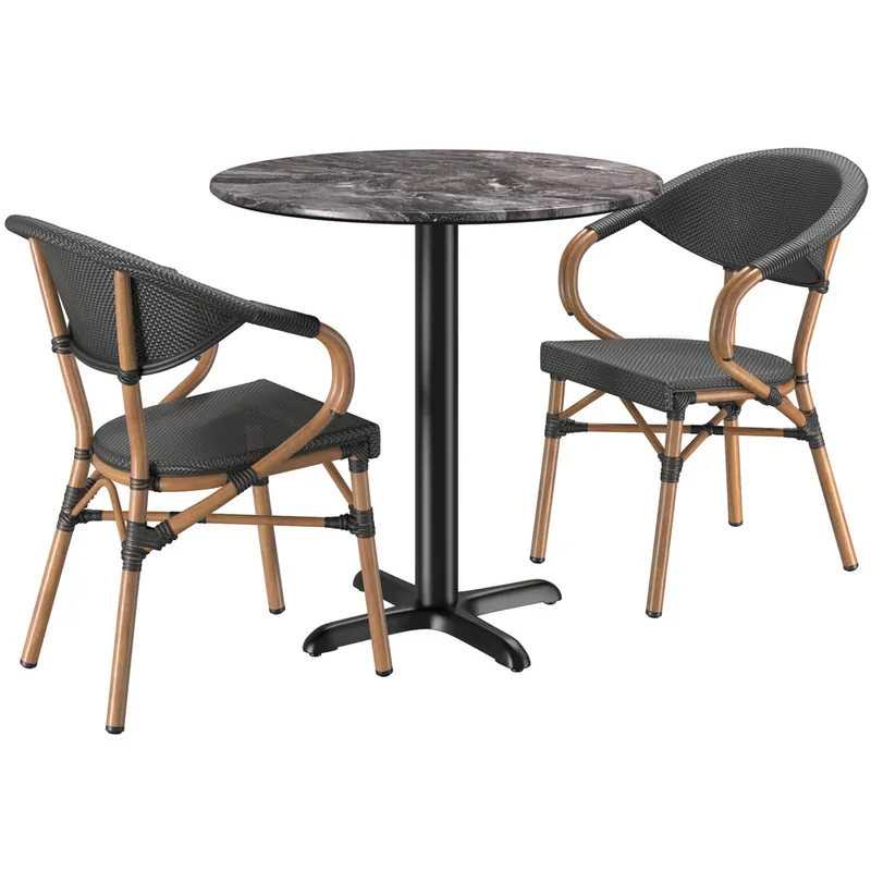 Lancaster Table & Seating Excalibur Bistro 31 1/2" Round Paladina Standard Height Table with 2 Black Arm Chairs Clearance