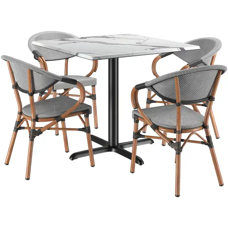 Lancaster Table & Seating Excalibur Bistro 36" Square Versilla Standard Height Table with 4 Black and White Arm Chairs Big Sale