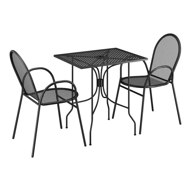 Lancaster Table & Seating Harbor Black 24" x 30" Rectangular Outdoor Standard Height Table with Ornate Legs and 2 Arm Chairs While Supplies Last