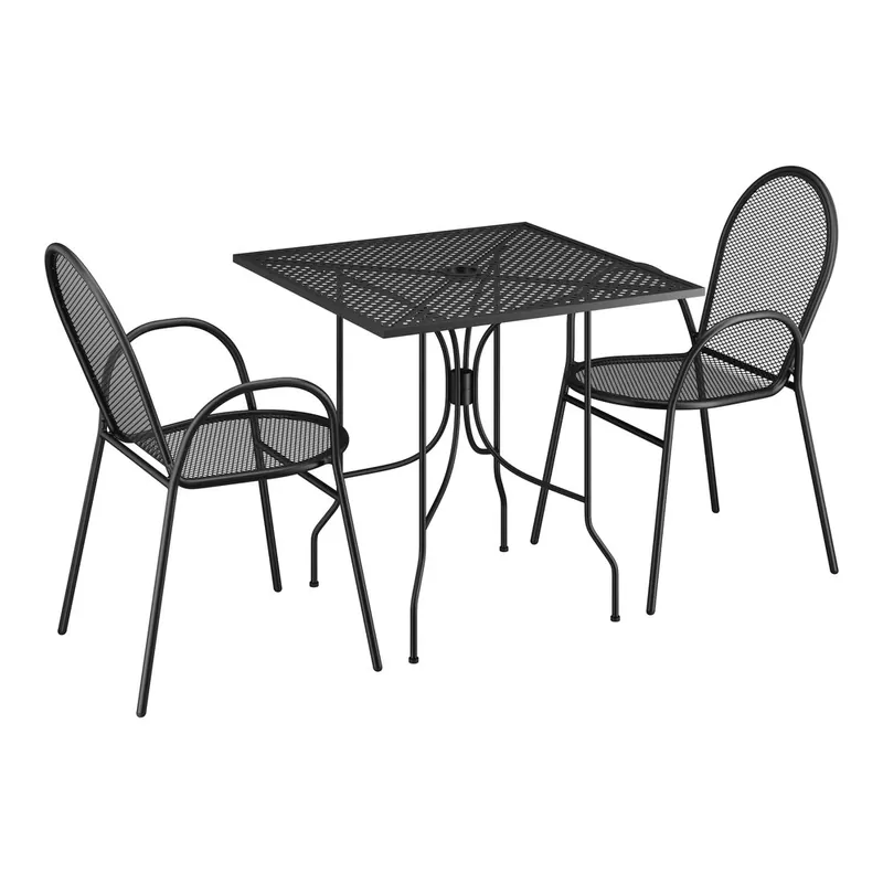 Price Cut Lancaster Table & Seating Harbor Black 30" Square Outdoor Standard Height Table with Ornate Legs and 2 Arm Chairs