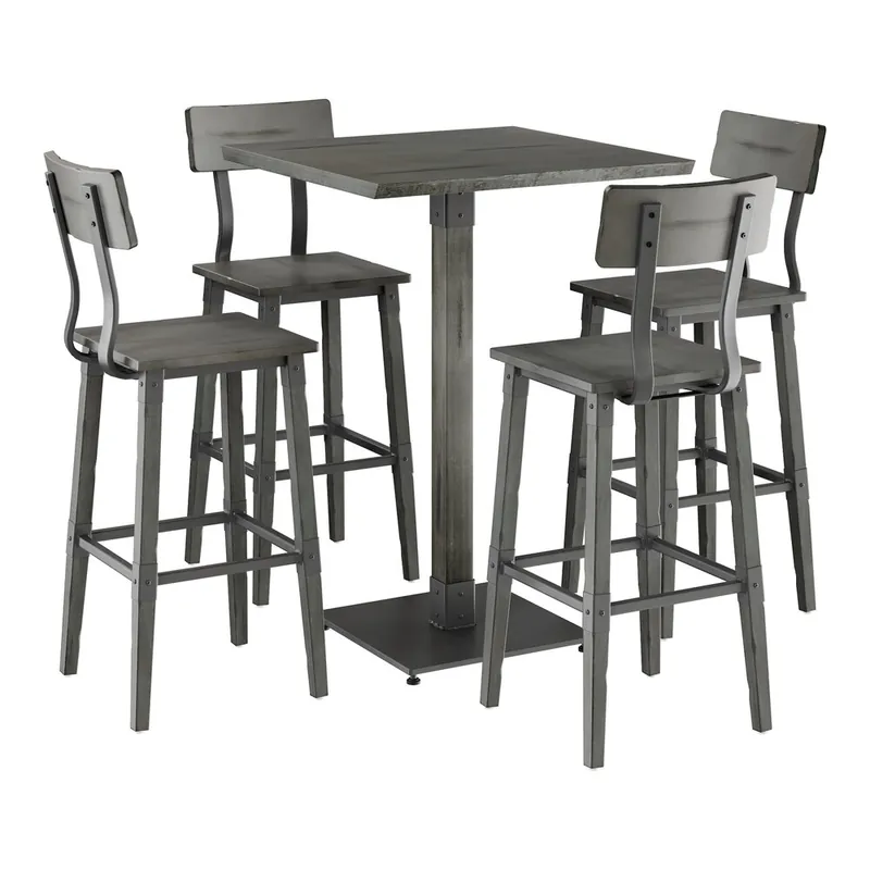 High Quality Lancaster Table & Seating Industrial 30" Square Slate Gray Finish Solid Wood Live Edge Bar Height Table with 4 Bar Stools