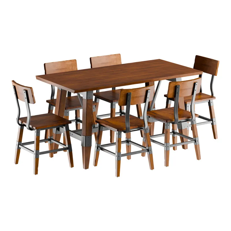 Lancaster Table & Seating Industrial 30" x 60" Rustic Walnut Finish Solid Wood Live Edge Standard Height Trestle Table with 6 Chairs No Minimum Order