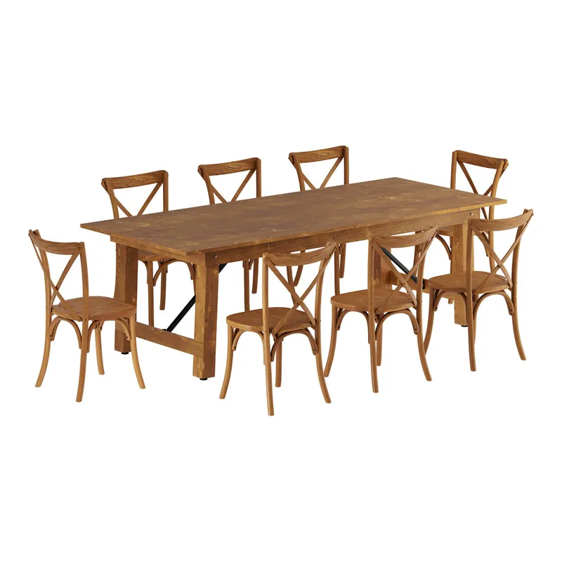 Popular Lancaster Table & Seating Vineyard 8' Barrel Brown Wood Folding Table Set with 8 Cross Back Chairs