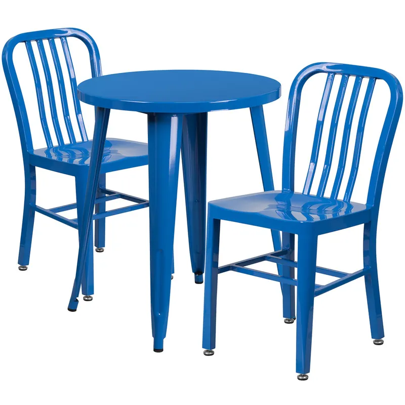 Flash Furniture CH-51080TH-2-18VRT-BL-GG 24" Round Blue Metal Indoor / Outdoor Table with 2 Vertical Slat Back Chairs Hassle-Free Returns