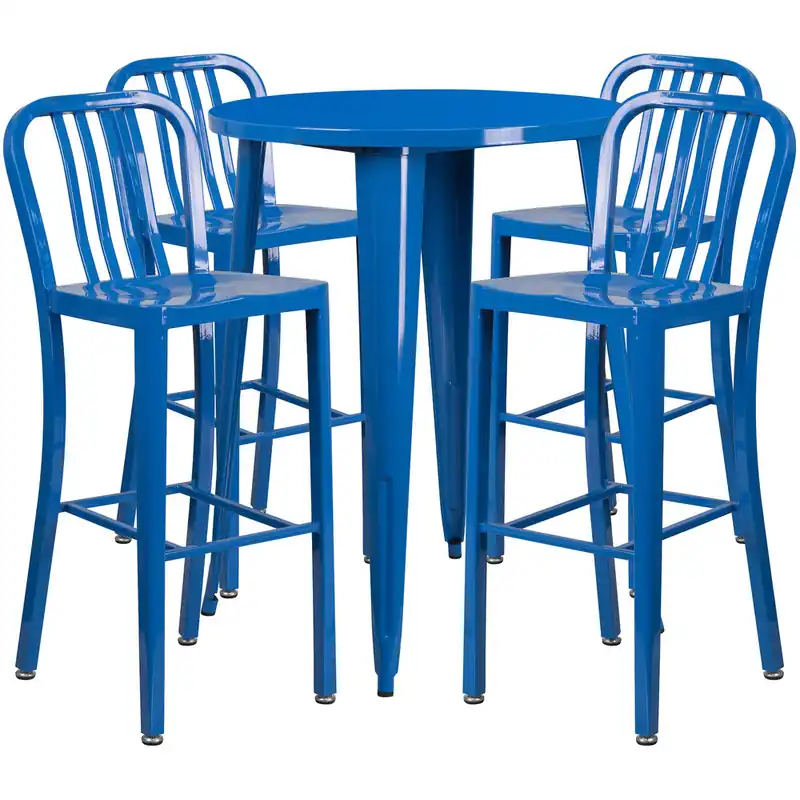 Order Now Flash Furniture CH-51090BH-4-30VRT-BL-GG 30" Round Blue Metal Indoor / Outdoor Bar Height Table with 4 Vertical Slat Back Stools
