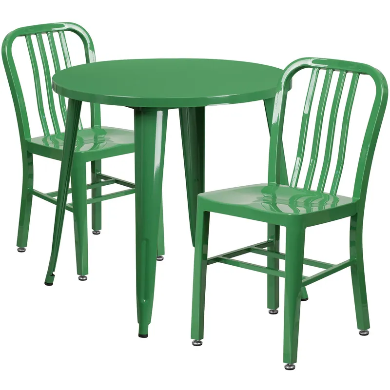 Premium Flash Furniture CH-51090TH-2-18VRT-GN-GG 30" Round Green Metal Indoor / Outdoor Table with 2 Vertical Slat Back Chairs