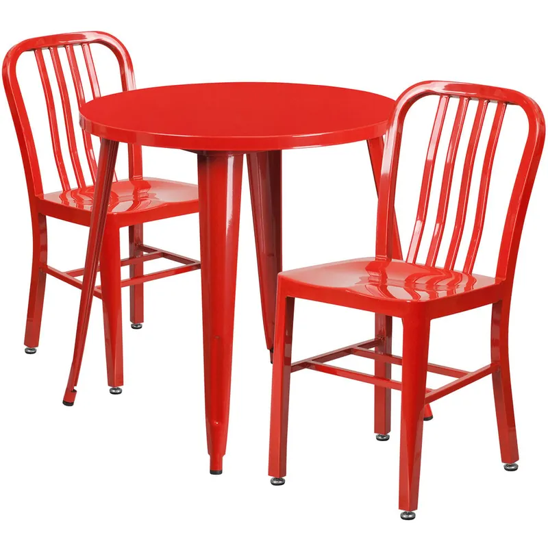 Flash Furniture CH-51090TH-2-18VRT-RED-GG 30" Round Red Metal Indoor / Outdoor Table with 2 Vertical Slat Back Chairs Big Sale