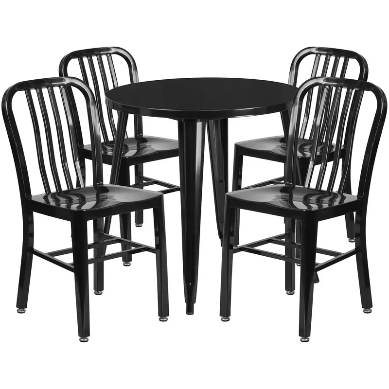Factory Price Flash Furniture CH-51090TH-4-18VRT-BK-GG 30" Round Black Metal Indoor / Outdoor Table with 4 Vertical Slat Back Chairs
