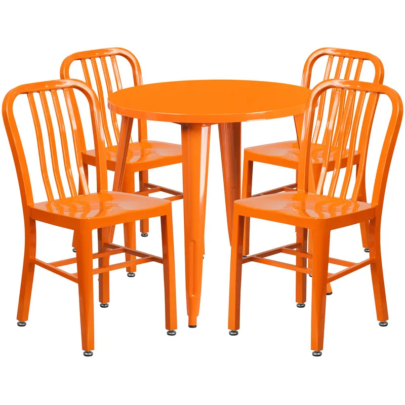 Crafted Flash Furniture CH-51090TH-4-18VRT-OR-GG 30" Round Orange Metal Indoor / Outdoor Table with 4 Vertical Slat Back Chairs