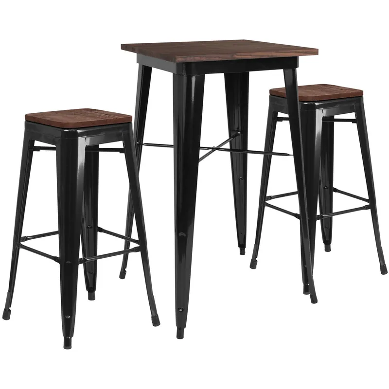 Exclusive Offer Flash Furniture CH-WD-TBCH-17-GG 23 1/2" Square Black Rustic Galvanized Steel and Wood Bar Height Table with 2 Backless Stools